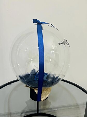Mavi Şeffaf Balon Kutusu Yazılı Kuş Tüyü Ve Solmayan Gül Detaylı Premium Özel Hediye