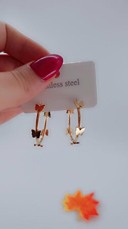  Kadın Kelebekli Tasarım Çelik Küpe Gold Renk