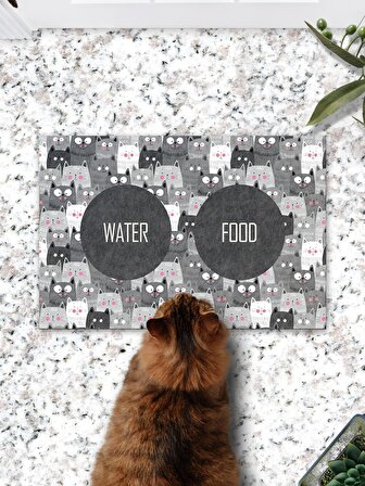 Gri Kediler Kedi Köpek Mama Paspası Ve Beslenme Altlığı 45x70cm