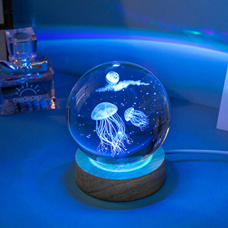 Dekoratif Deniz Anası Tasarımlı Ahşap altlıklı Işıklı Cam Küre