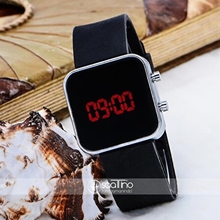 Siyah Silikon Kordonlu Mini Gümüş Renk Çelik Kasa Unisex Model Dijital Saat ST-303623