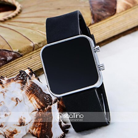 Siyah Silikon Kordonlu Mini Gümüş Renk Çelik Kasa Unisex Model Dijital Saat ST-303623