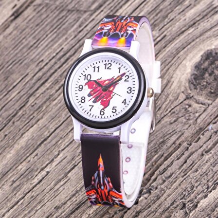 Pinkoli Uçak Figürlü Çocuk Kol Saati Siyah Renk Silikon Kordon Unisex Rakamlı Saat