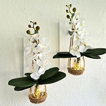 Duvar Dekoru, Led Işıklı, Beyaz Orkide Çiçekli, Beyaz Aplik İkili Set