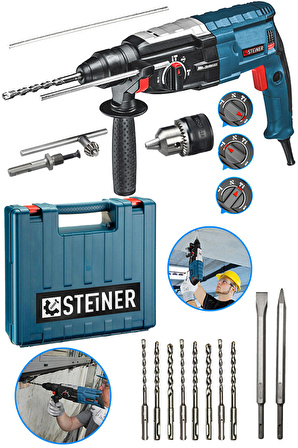 Steiner Alman 4000 Watt Profesyonel Kırıcı Delici Hilti Darbeli Matkap Gri + 10 Adet Uç + Mandren