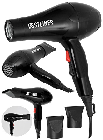 Steiner Alman 3800 Watt Profesyonel Saç Kurutma Makinesi Fön Makinesi Ac Motor Ms-9001 Siyah + 2 Adet Başlık