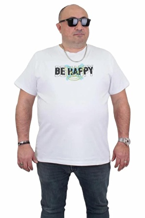 Starbattal Erkek Büyük Beden Sıfır Yaka Tişört Be Happy 24131 BEYAZ