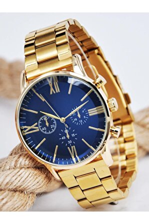 Klasik Yetişkin Erkek Kol Saati Altın Renk Mavi Kadran Şık Sade STA-159