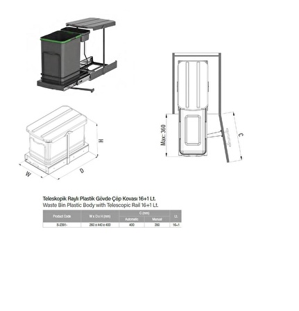 STARAX 2391 TELESKOPİK RAYLI PLASTİK GÖVDE 16+1 LT ÇÖP KOVASI  S-2391-A