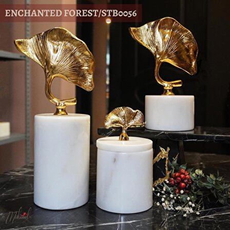 Beyaz Mermer Dekoratif Kaseler 3'lü Altın Metal Yaprak Tasarımlı Dekorasyonu Odası Aksesuarları