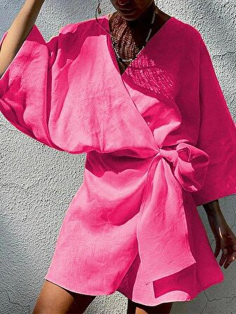  Kadın Fakir Kol Fiyonk Fetay Keten Kumaş Mini Kimono Elbise