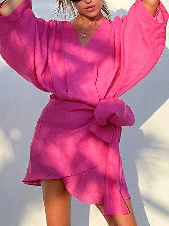  Kadın Fakir Kol Fiyonk Fetay Keten Kumaş Mini Kimono Elbise
