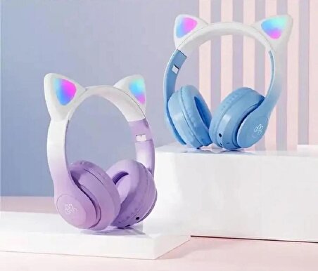 STN-28 PRO Kedi Kulaklı Led Işıklı Katlanabilir Kablosuz Kulaküstü Bluetooth Kulaklık MAVİ