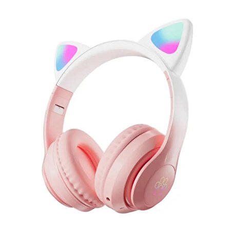 STN-28 PRO Kedi Kulaklı Led Işıklı Katlanabilir Kablosuz Kulaküstü Bluetooth Kulaklık PEMBE