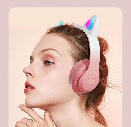 STN-28 PRO Kedi Kulaklı Led Işıklı Katlanabilir Kablosuz Kulaküstü Bluetooth Kulaklık PEMBE