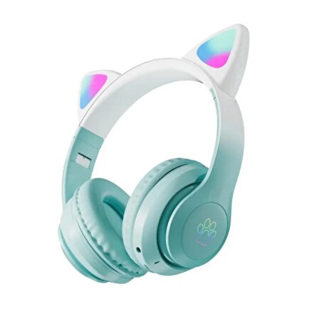 STN-28 PRO Kedi Kulaklı Led Işıklı Katlanabilir Kablosuz Kulaküstü Bluetooth Kulaklık YEŞİL