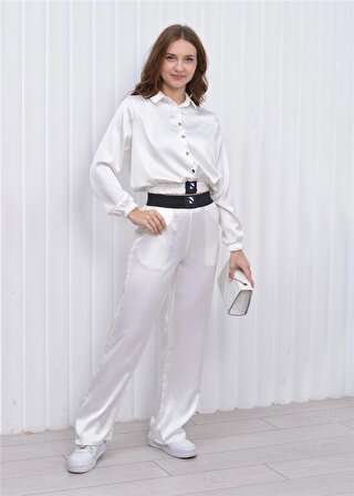 Kadın Beli Lastikli Crop Model Saten Bluz Beyaz