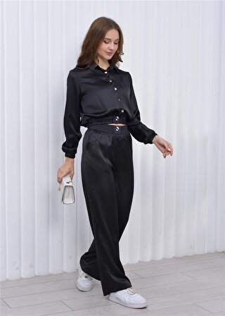 Kadın Beli Lastikli Crop Model Saten Bluz Siyah