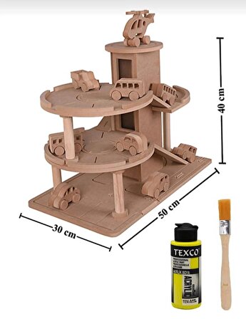 Ahşap Oyuncak Otopark + 6 Adet Oyuncak Araba + 1 Adet Helikopter