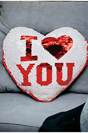 I LOVE YOU Yazılı Kalpli Yastık Kırmızı Beyaz Pullu Çift Yön 25X20 CM  STY-Y1001