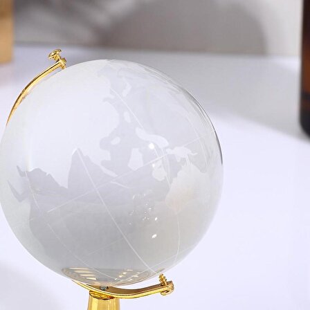 Dekoratif Şık Hediye Ev Ofis Hediyesi Kristal Mega Boy Cam Dünya Küre Gold 12 cm Boy