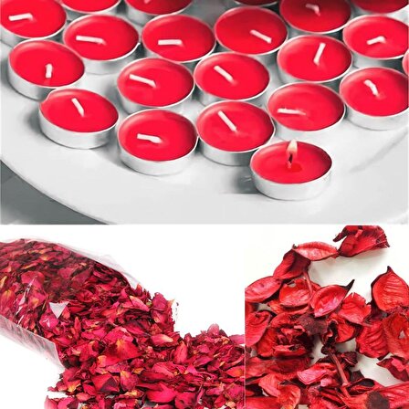 Sevgiliye Eşe Özel Günlere Hediye 1000 Adet Kuru Gül Yaprağı + 25 Adet Kırmızı Tealight Mum Romantik Süsleme