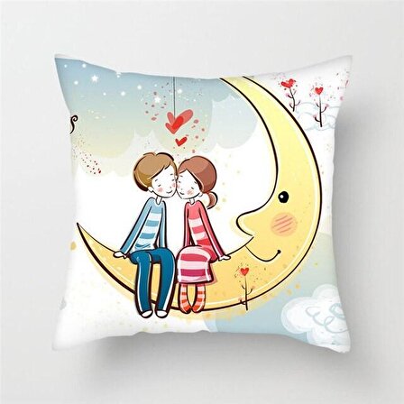 Star Global -Sevgiliye Eşe Dekoratif Hediye Ay Üstünde İki Aşık Desenli Dekoratif Özel Tasarım Yastık 27*27 cm