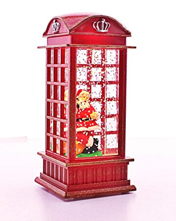 Sevgiliye Yeni Yıl Hediyesi Led Işıklı Sulu Simli İngiliz Telefon Kulübesi İçinde Noel Baba Kırmızı