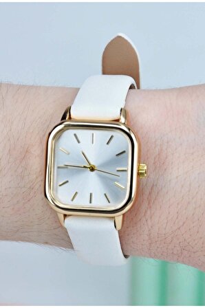 Minimal Kare Altın Kasa Beyaz Deri Kordon Kadın Kol Saati Su-735-001