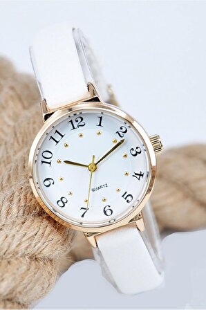 Altın Renk Kasa Beyaz Deri Kordon Kadın Kol Saati SU-886