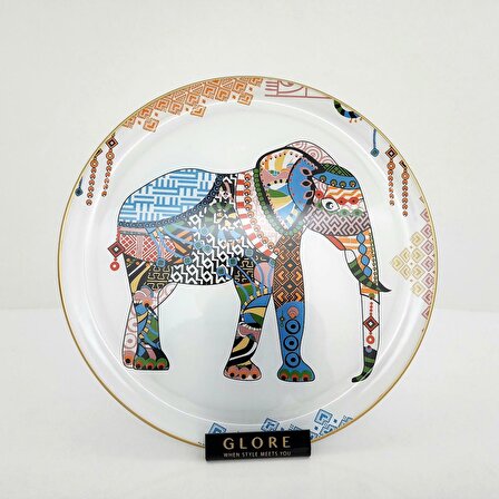 Glore Elephant Altın Yaldızlı Cam Tepsi