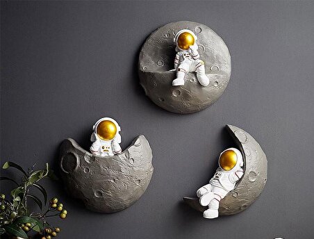 Dekoratif Modern Büyük Boy Üçlü Astronot ve Ay Figürlü Çocuk Odası Dekor Ev Duvar Dekorasyon