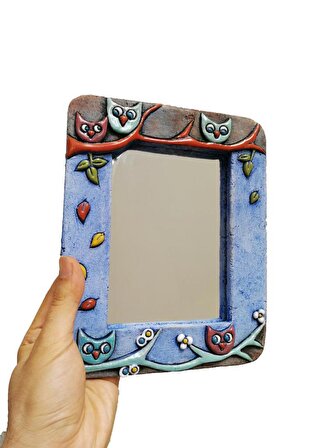 Özel Tasarım Baykuş Süslemeli Seramik Çerçeve Ayna 14.5 x 10 cm