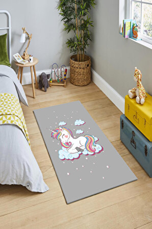 Roslyn Home Unicorn Desenli Gri Dekoratif Yıkanabilir Çocuk Halısı Süngerli Dot Taban Halı