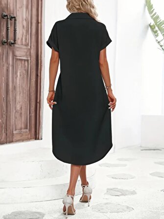 Sues Shoe Kadın Kısa Kollu Yakalı Düğme Detay Midi Dokuma Elbise