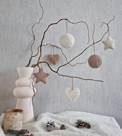 Yeni Yıl Yılbaşı Çam Ağacı Süsü  Buklet Teddy Kalp & Yuvarlak & Yıldız 3 lü Set Kahverengi