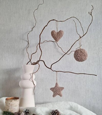 Yeni Yıl Yılbaşı Çam Ağacı Süsü  Buklet Teddy Kalp & Yuvarlak & Yıldız 3 lü Set Kahverengi