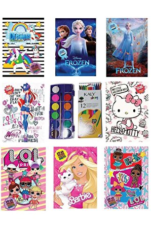 8 Adet Boyama Kitabı Stickerli + Kuru Boya ve Sulu Boya Hediyeli Kız Desenleri