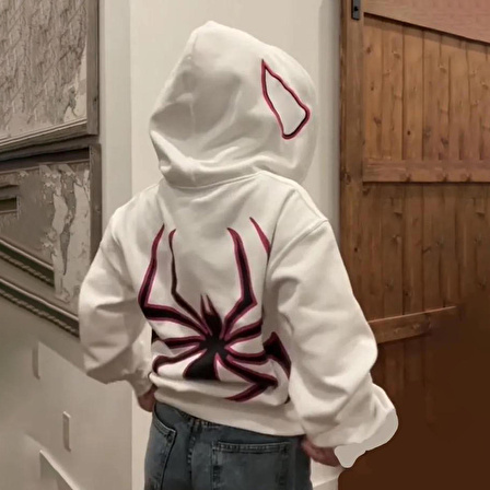 Köstebek Beyaz Spider Sırt Baskılı Kalın Kumaş Fermuarlı (Unisex) Kapüşonlu