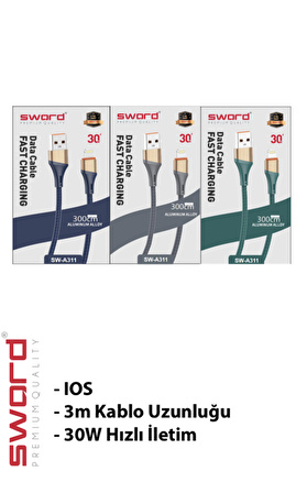 SWORD 3 üç metre Apple Iphone Hızlı Şarj ve Data Kablosu