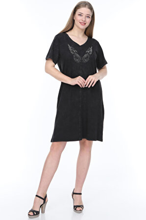 swansea Kadın Siyah Büyük Beden  Detaylı Yıkamalı Elbise 2272