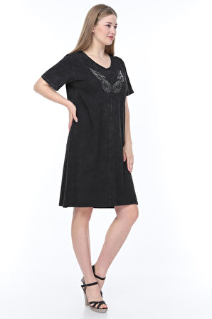 swansea Kadın Siyah Büyük Beden  Detaylı Yıkamalı Elbise 2272