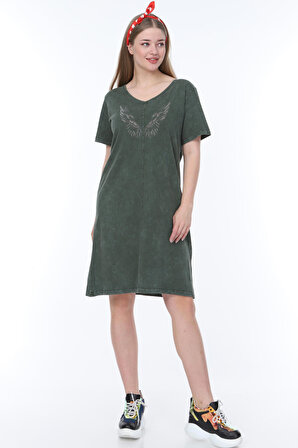 swansea Kadın Haki  Yeşil Büyük Beden  Detaylı Yıkamalı Elbise 2272