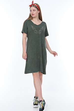 swansea Kadın Haki  Yeşil Büyük Beden  Detaylı Yıkamalı Elbise 2272