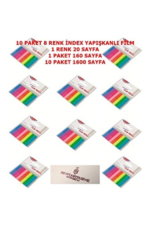 10 PAKET Plastik şeffaf İndex Film İşaret Bantı 8 Renk x 20 şer adetX 10 PAKET 1600 PARÇALI