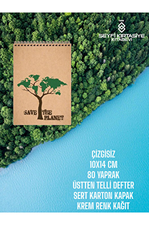 ÇİZGİSİZ 10X14 CM 80 YAPRAK TELLİ NOT DEFTERİ SERT KARTON KAPAK KREM RENK KAĞIT SAVE THE PLANET