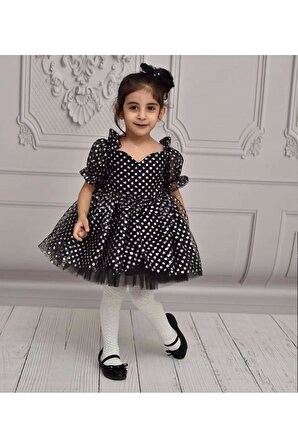 Kız Çocuk Siyah Parıltılı Kabarık Simli Kalp Detaylı Kabarık Elbise
