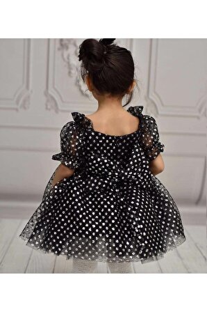 Kız Çocuk Siyah Parıltılı Kabarık Simli Kalp Detaylı Kabarık Elbise