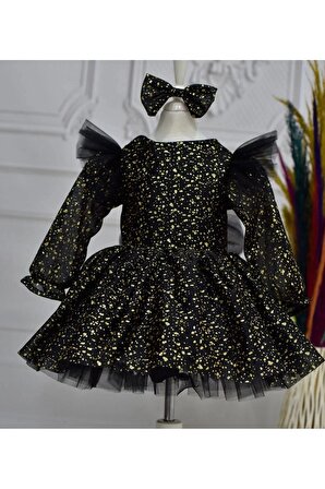 Kız Çocuk Siyah Gold Damlacıklı Parıltılı Kol Tüy Detaylı Kabarık Elbise