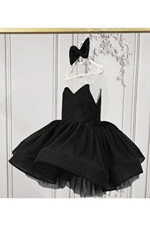 Kız Çocuk Siyah Parıltılı Kalp Detaylı Şeffaf Sıfır Kol Kabarık Abiye Elbise